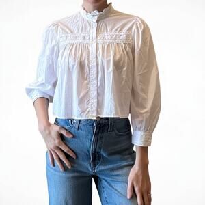 Zara White Romantic Lace Yoke Button Up Blouse - Cropped - Small - Cottagecore